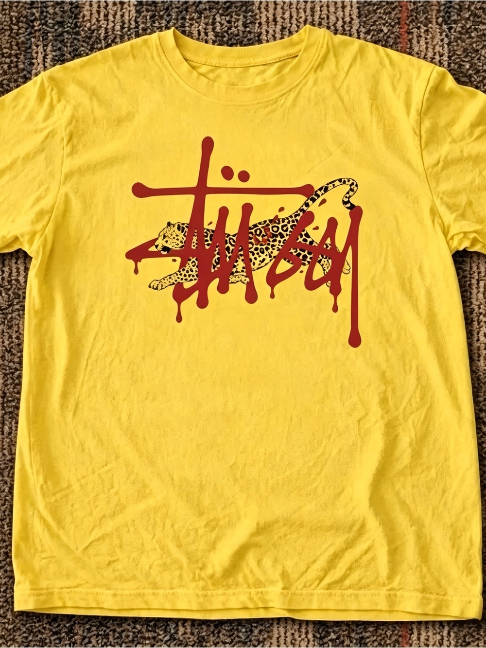 Retro Stussy Graffiti Drip Leopard Yellow Streetwear Graphic T-shirt Unisex